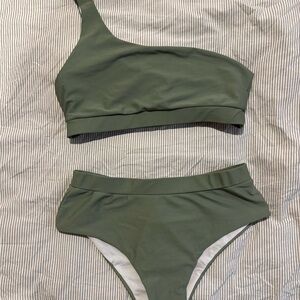 Minimalist olive one-shoulder high waisted bikini set